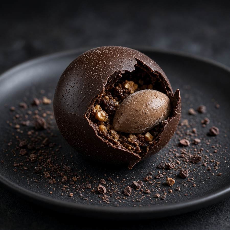 Sphère de chocolat ouverte sur un praliné et un sorbet