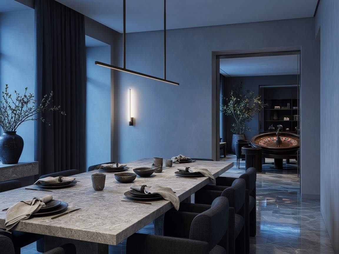Salle à manger en pierre claire ouvrant sur une table de roulette