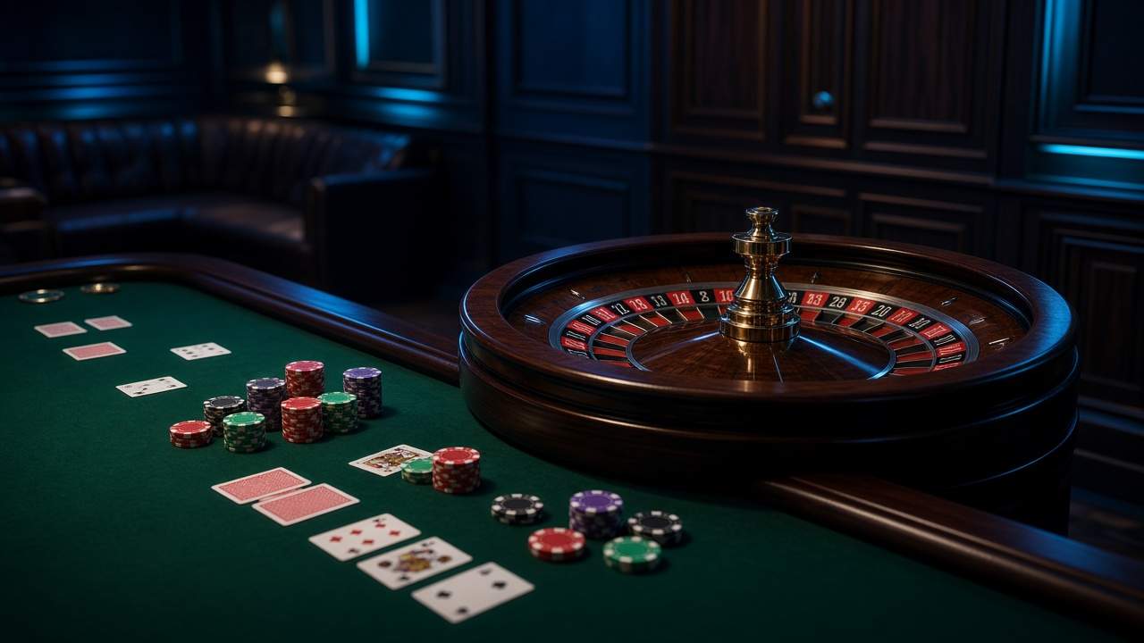 Roulette, cartes et jetons sur un tapis vert dans un salon sombre